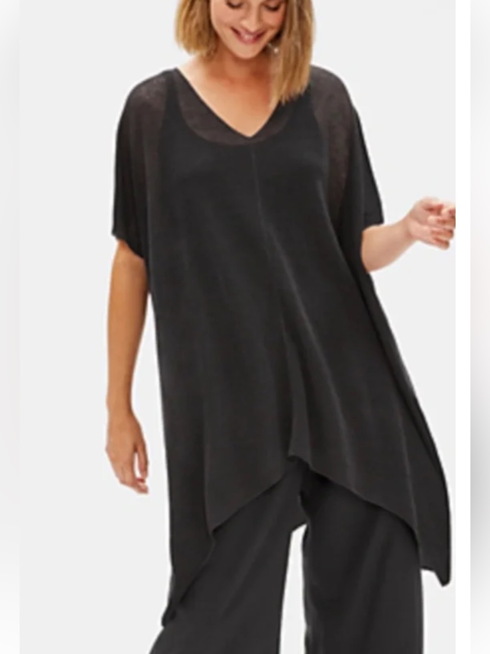 EILEEN FISHER NWT FINE ORGANIC LINEN CREPE KNIT VNECK PONCHO TOP in GRAPHITE OS